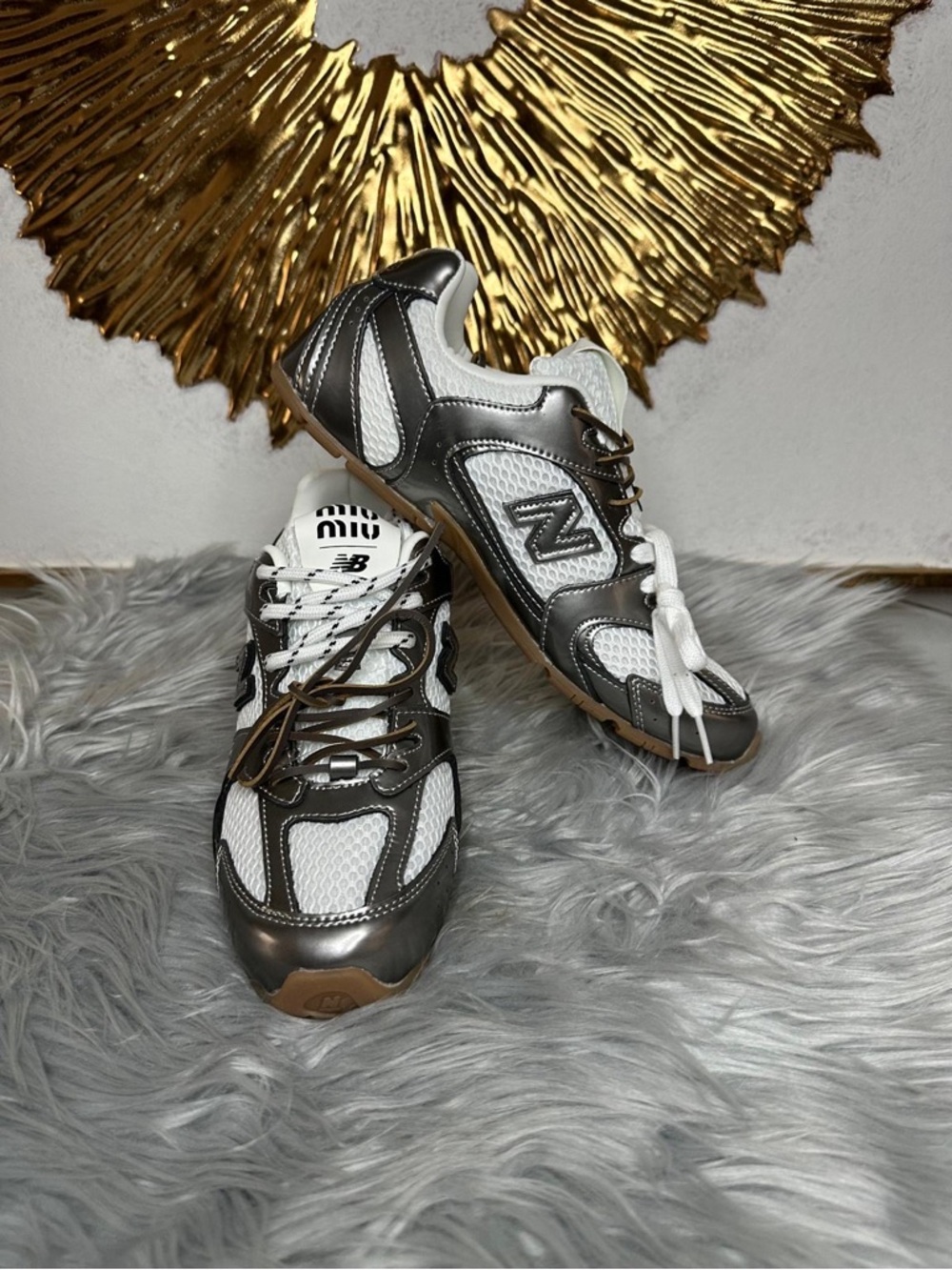 New Balance Silver and White Mesh Athletic Sneakers